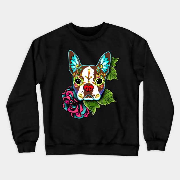 Boston Terrier in Red - Day of the Dead Sugar Skull Dog Crewneck Sweatshirt by prettyinink